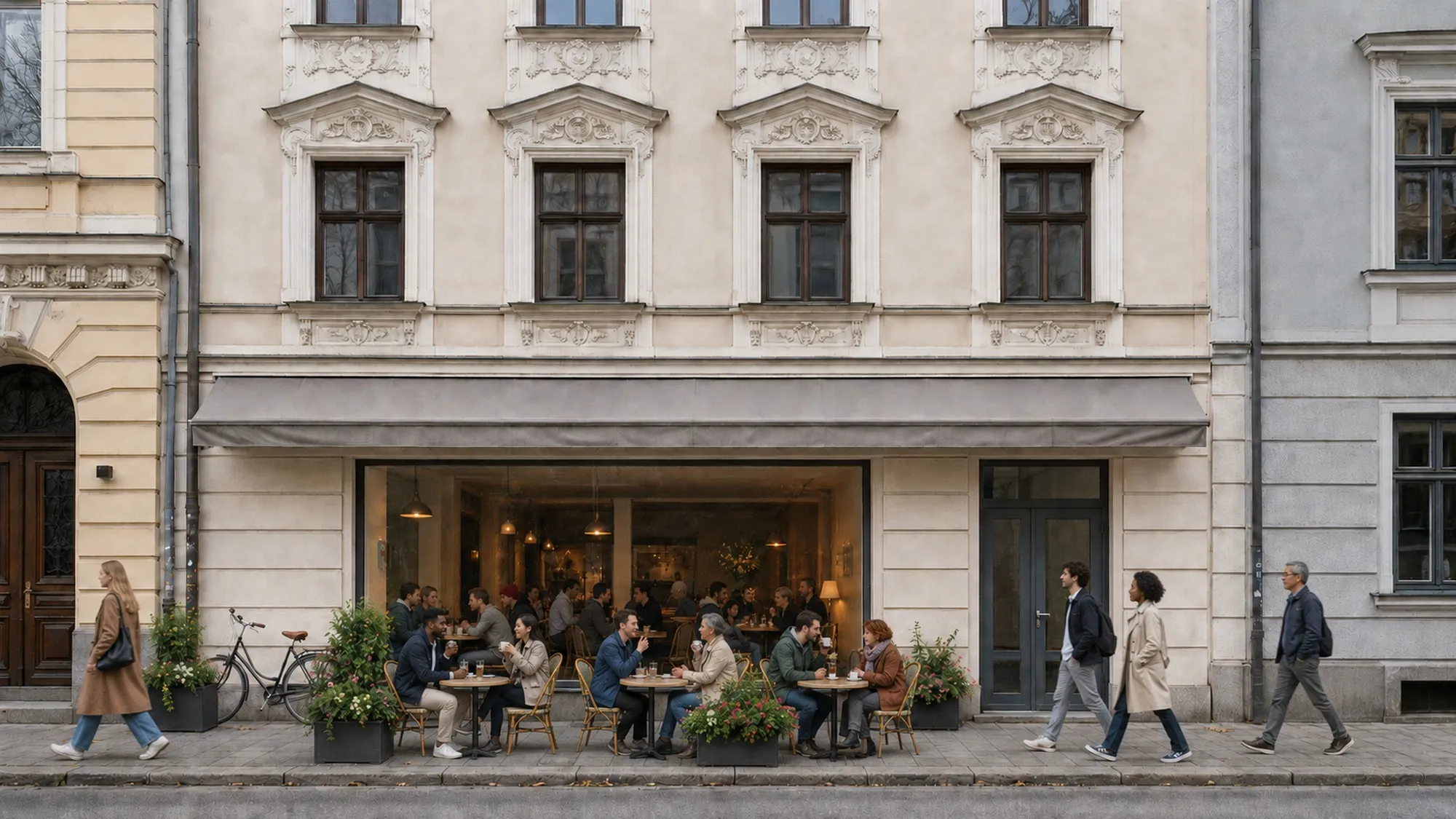 Dieselbe Ladenfront, belebt: Café mit Gästen hinter dem Schaufenster und an Tischen auf dem Gehweg, Bepflanzung und Passanten